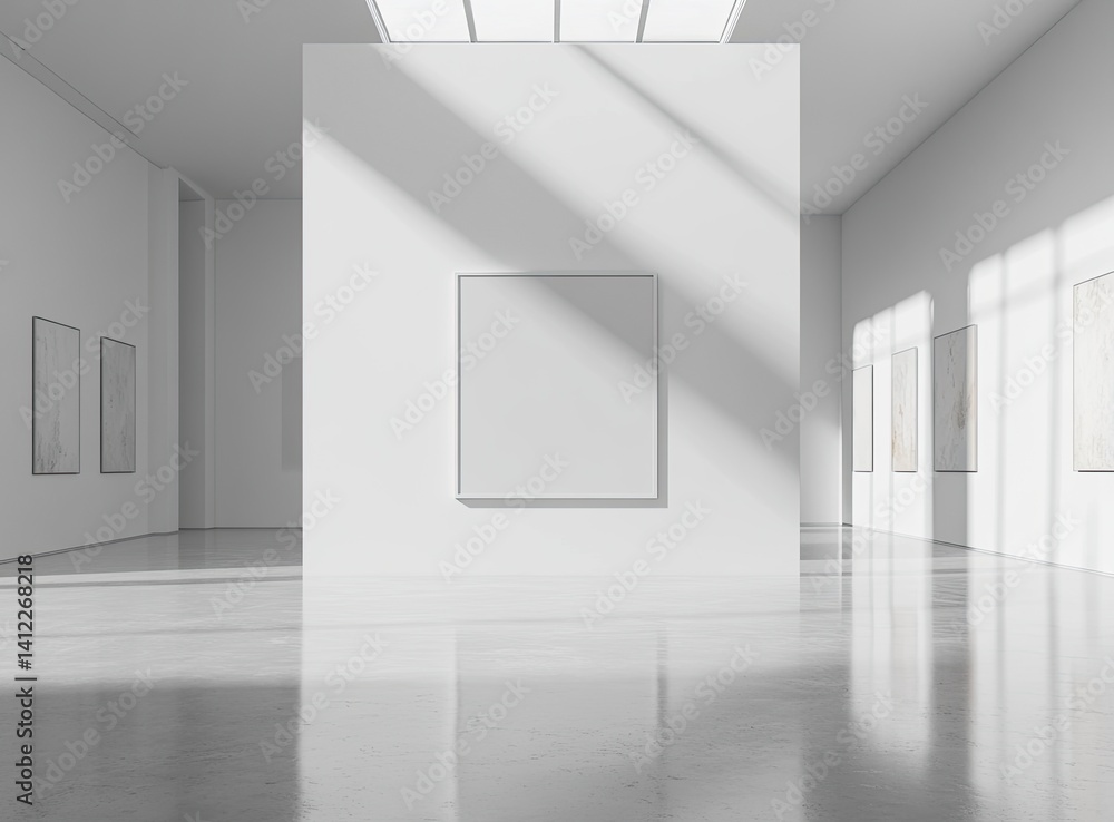Poster a large white wall with an empty square frame in the middle, set in a clean and modern art gallery i