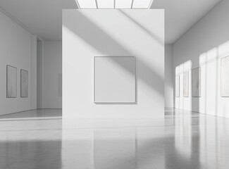 Fototapeta premium A large white wall with an empty square frame in the middle, set in a clean and modern art gallery interior with soft lighting and a skylight. The room is spacious, with a polished concrete floor.