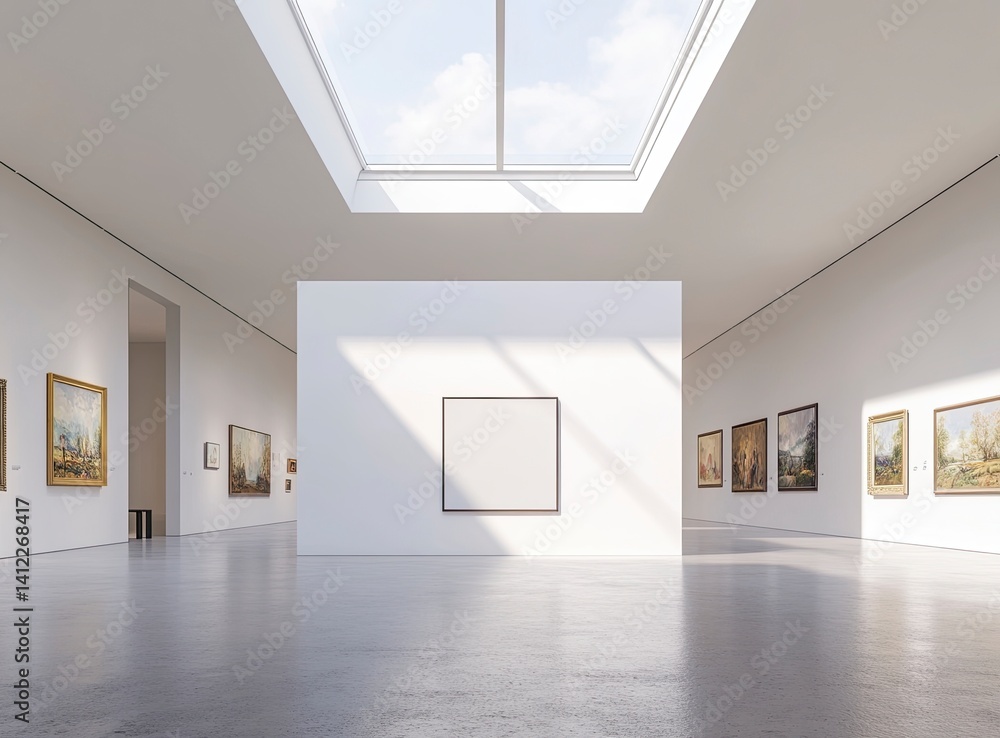 Poster a large white wall with an empty square frame in the middle, set in a clean and modern art gallery i