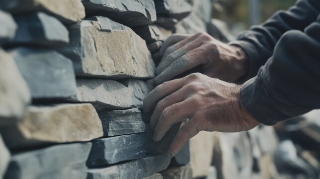 Mason finishing stonework on the exterior of a building. Featuring craftsmanship and detail