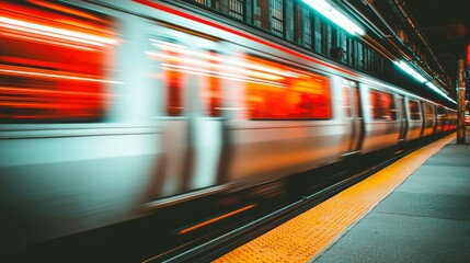 Fast Train Blurring on Subway Platform, Urban Public Transport, Dark Background