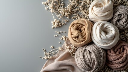 Neutral Yarn Balls with Macrame and Wool on Grey Background