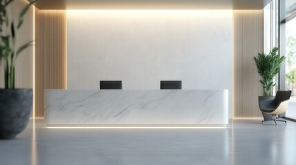 Corporate branding logo display mockup on modern office reception background with copy space area.