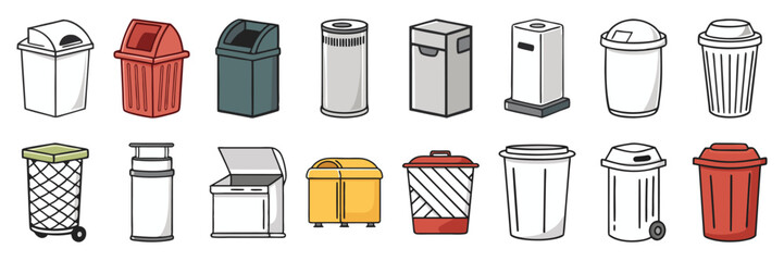 Various Trash Can Illustrations Diverse Collection of Waste Bins for Recycling and Waste Disposal