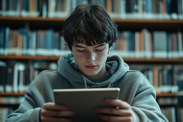 Teenager using tablet in library surrounded by bookshelves