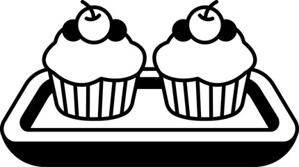 black and white icon of cupcakes on tray