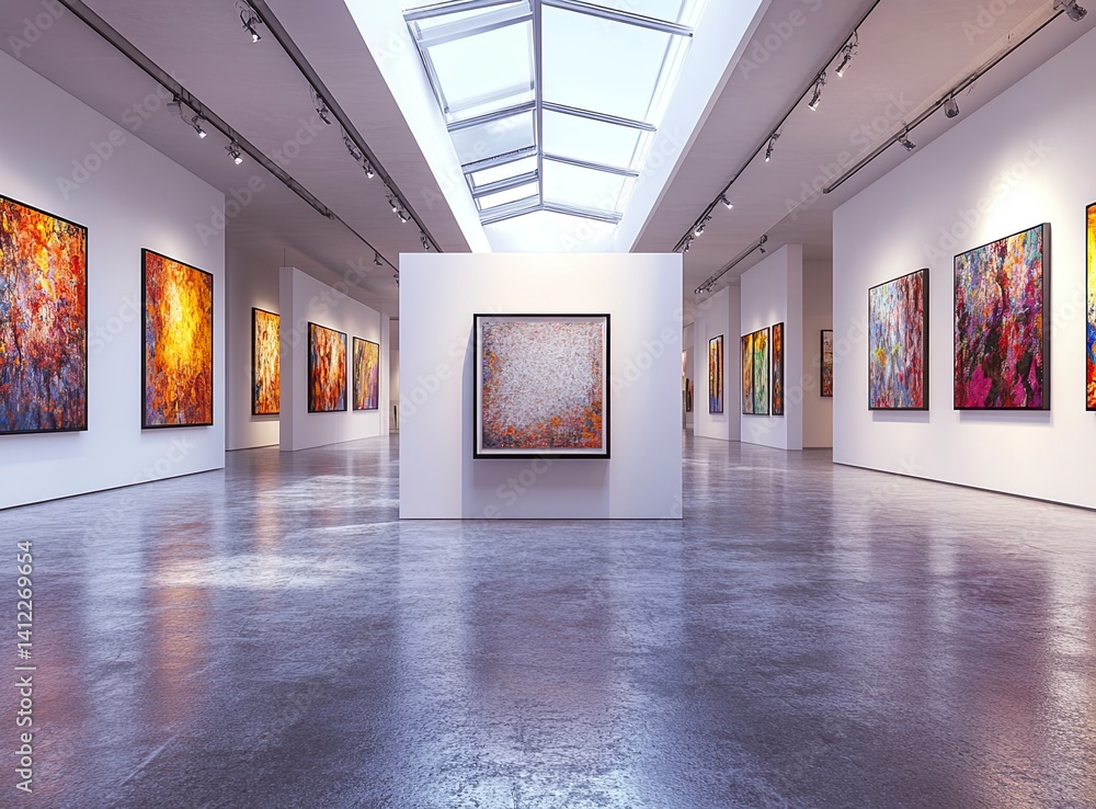 Aufkleber a large white wall with an empty square frame in the middle, set in a clean and modern art gallery i
