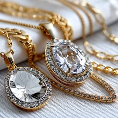 Naklejka premium Elegant Gold Necklace Adorned with Shiny Diamonds and Sparkling Crystals on Soft White Fabric Background