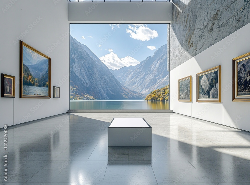 Poster a large white wall with an empty square frame in the middle, set in a clean and modern art gallery i