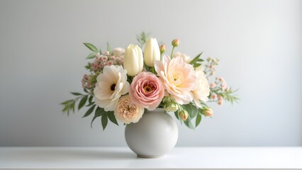 Obraz premium Elegant Floral Arrangement with Roses and Tulips in Vase on Table