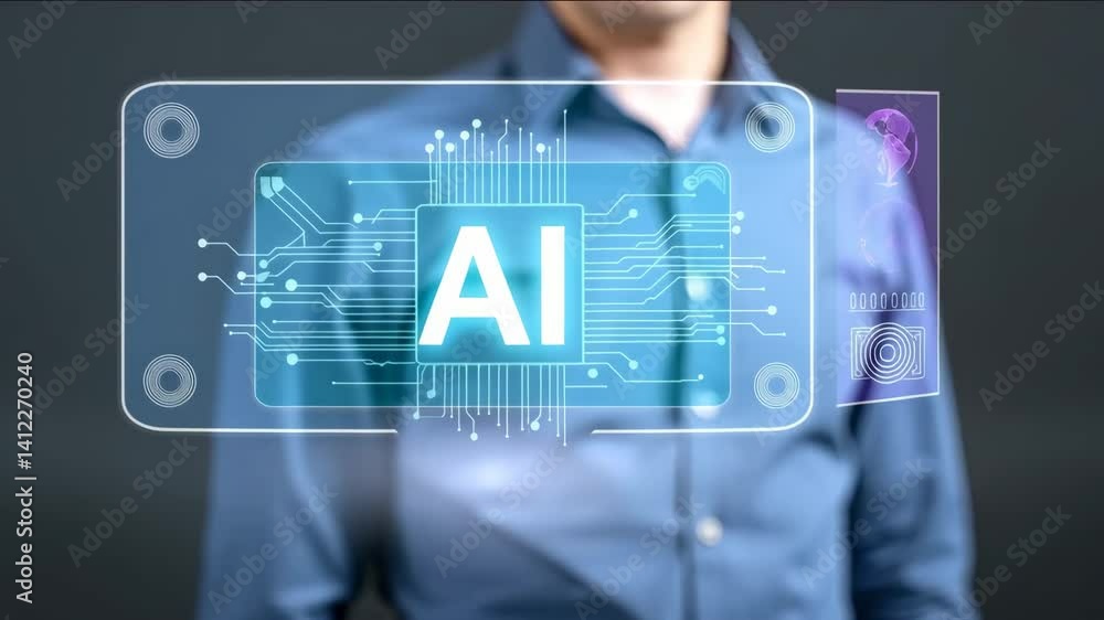 Poster a person in a blue shirt interacts with a transparent digital interface featuring an ai symbol, illu