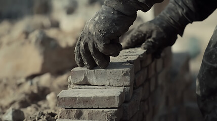 Mason laying bricks for the outer walls of a building. Featuring masonry work