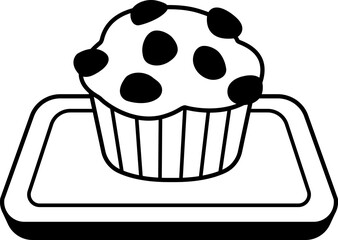 black and white icon of chocolate muffin on tray