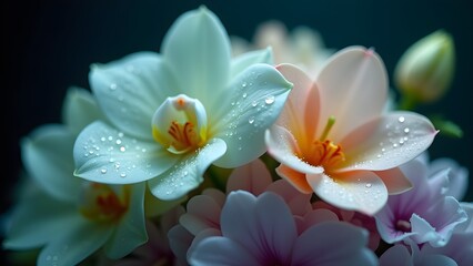 Fototapeta premium Elegant orchids with dew drops: White, peach, and light purple flowers with a soft, romantic, and ethereal feel