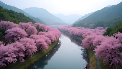 Naklejka premium Scenic River Lined with Rows of Blooming Cherry Blossom Trees with Mountains in Background