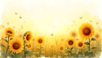 Vibrant Sunflower Field with Butterflies in Watercolor Style Illustration