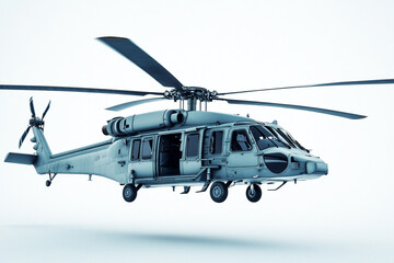 Military helicopter in flight a gray aircraft with open door against white background
