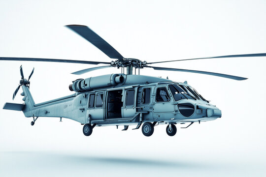 Fototapeta Military helicopter in flight a gray aircraft with open door against white background