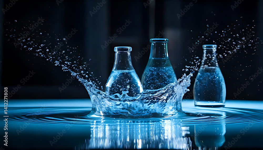 Aufkleber dynamic water splashing action with glass bottles in dark studio environment macro photography