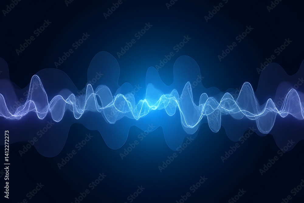 Poster sound waves visualization digital art abstract blue background dynamic flowing patterns