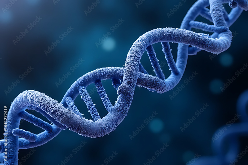 Poster exploring genetic structures dna helix visualization in scientific research dark background close-up