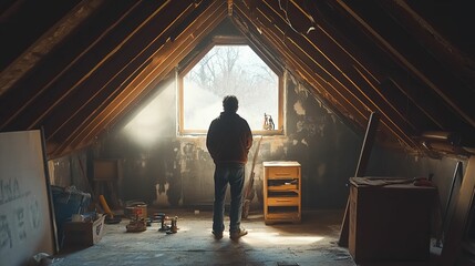 A man stands contemplatively in a dusty, unfinished attic space.