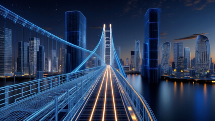 Futuristic cityscape with illuminated wireframe bridge