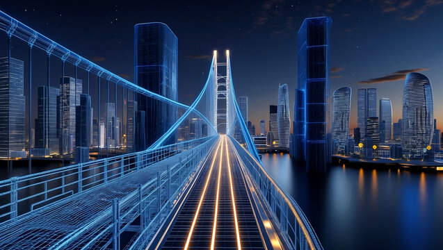 Futuristic cityscape with illuminated wireframe bridge