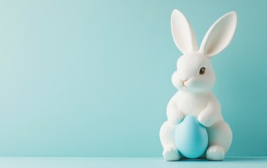 Obraz premium A photograph of a white Easter bunny sitting and holding a blue-colored egg on a pastel light blue background. This image represents the Easter concept, captured in a studio setting with high detail.
