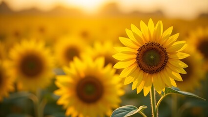 Fototapeta premium Radiant Sunflowers Blooming in a Field Bathed in Golden Sunlight during Summer Season