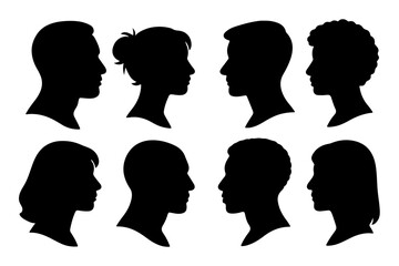 Illustration of eight human silhouettes in profile view, showcasing different hairstyles and gender representation for a variety of uses. Set of eight black silhouette avatars. Vector illustration