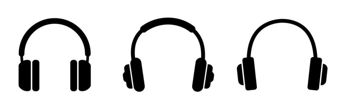 Headphones icon. Black headphones icon collection. Set of music headphones icons. Headphone with microphone.  Vector headphone icons