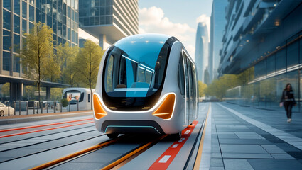 Obraz premium Futuristic transit vehicle in an advanced smart city