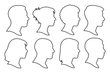 Vector illustration of eight diverse human profile outlines, showcasing different hairstyles and gender, ideal for avatars and design projects. Set of eight  black outline avatars