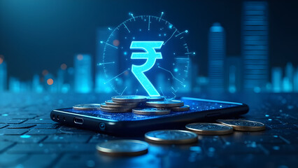 Digital Rupee Transactions: Mobile Banking in India. Rupee symbol on a smartphone with stacks of coins. Online finance and digital economy.