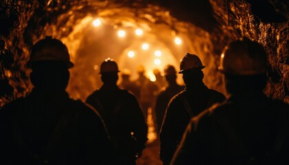 Miners walking inside a mine shaft with lights, illuminated rock walls background