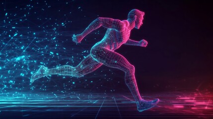 Human running man athlete with digital wireframe neon light background