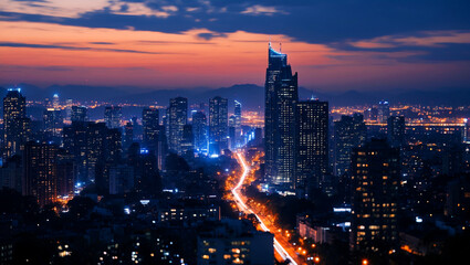 Fototapeta premium Glowing cityscape at twilight with twinkling lights