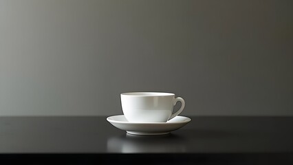 Elegant white cup on saucer with gray background. Modern, simple tableware for coffee or tea still life.