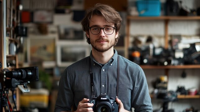 A young male photographer stands confidently in his studio, holding a camera amidst various photography equipment, exuding creativity and passion for his craft.