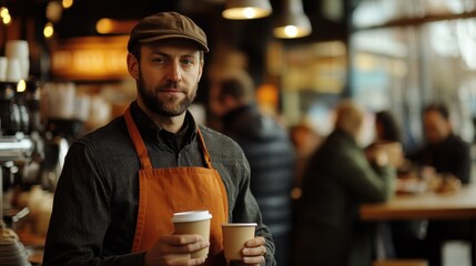 A focused European man stands in a bustling cafe, holding cups of coffee. The warm atmosphere captures a lively social moment, showcasing daily life and interaction.