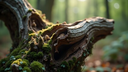 Fototapeta premium Mossy Tree Trunk Detail in Woodland Nature: Close-up of Forest Floor Vegetation, Environment, and Forest Ground