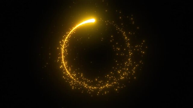 Beautiful Golden Streak with Shimmer Forming Circle Shape on Black Background. Abstract Gold Ring. Yellow Particles Trail Moving Round Looped 3d Animation Magic Sparks Portal Motion Design Concept 4k.
