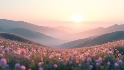 Fototapeta premium Sunrise over rolling hills with flower field in pastel colors.