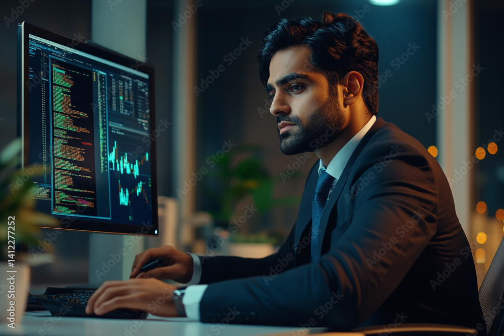 Poster businessman working late reviewing code and financial data on a computer screen