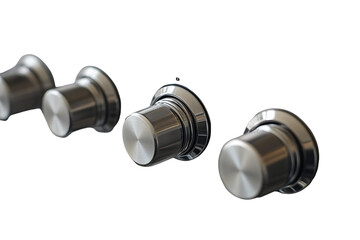 Brushed Metal Control Knobs: Precision Engineering, Industrial Detail, White Background