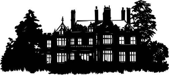 Obraz premium Silhouette of Tudor style Hunting lodge design, Tudor style Hunting lodge vector illustration