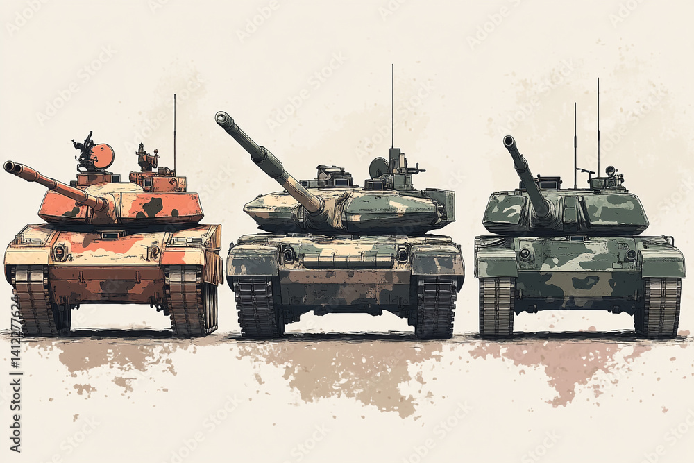 Poster three military tanks in a row different camouflage patterns