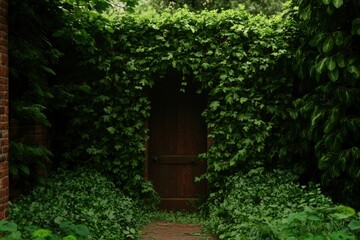 Naklejka premium Secret garden entrance, ivy-covered wall, mysterious doorway, secluded spot