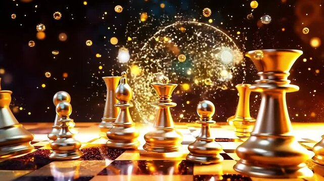 A group of chess pieces on a chess board with falling chess pieces